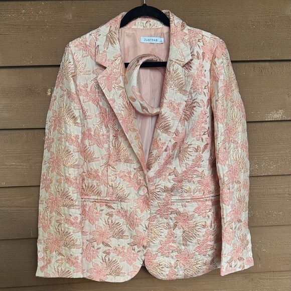 JustFab peach and pink floral metallic jacket size large with headband - Picture 1 of 5
